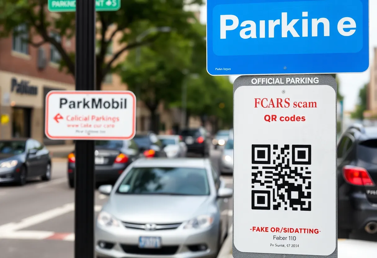 Urban parking scene showcasing QR codes and signs in Bowling Green KY