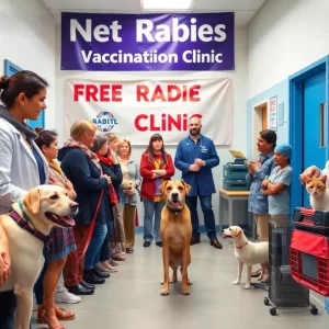 Pet owners waiting in line at a free rabies vaccination clinic