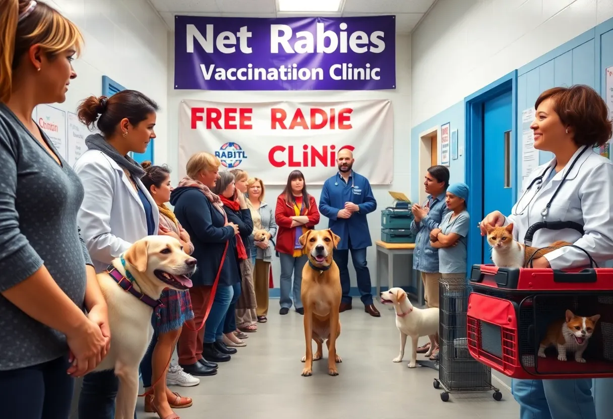 Pet owners waiting in line at a free rabies vaccination clinic