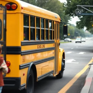 School bus and children at a bus stop in a safe zone
