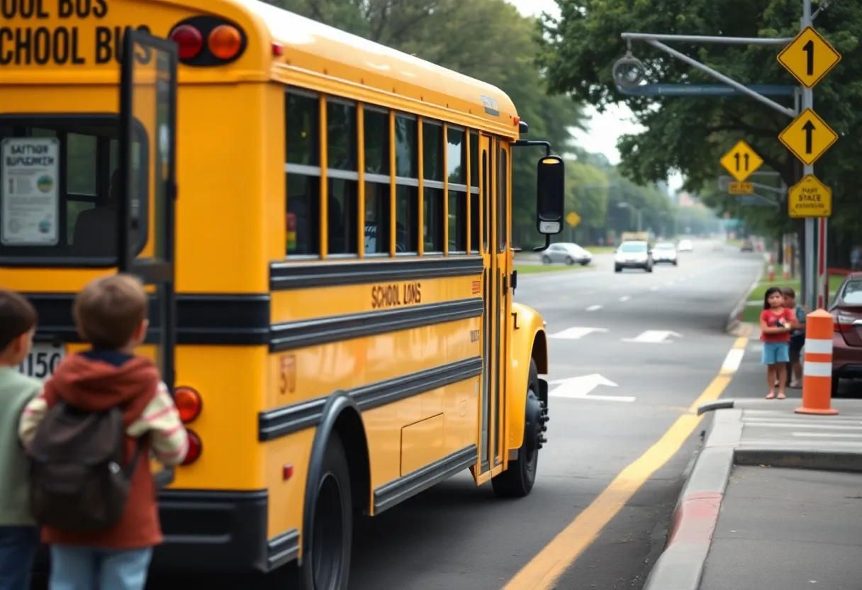 School bus and children at a bus stop in a safe zone