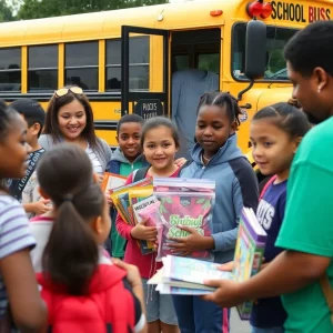 Local community event in Bowling Green showcasing students receiving school supplies.