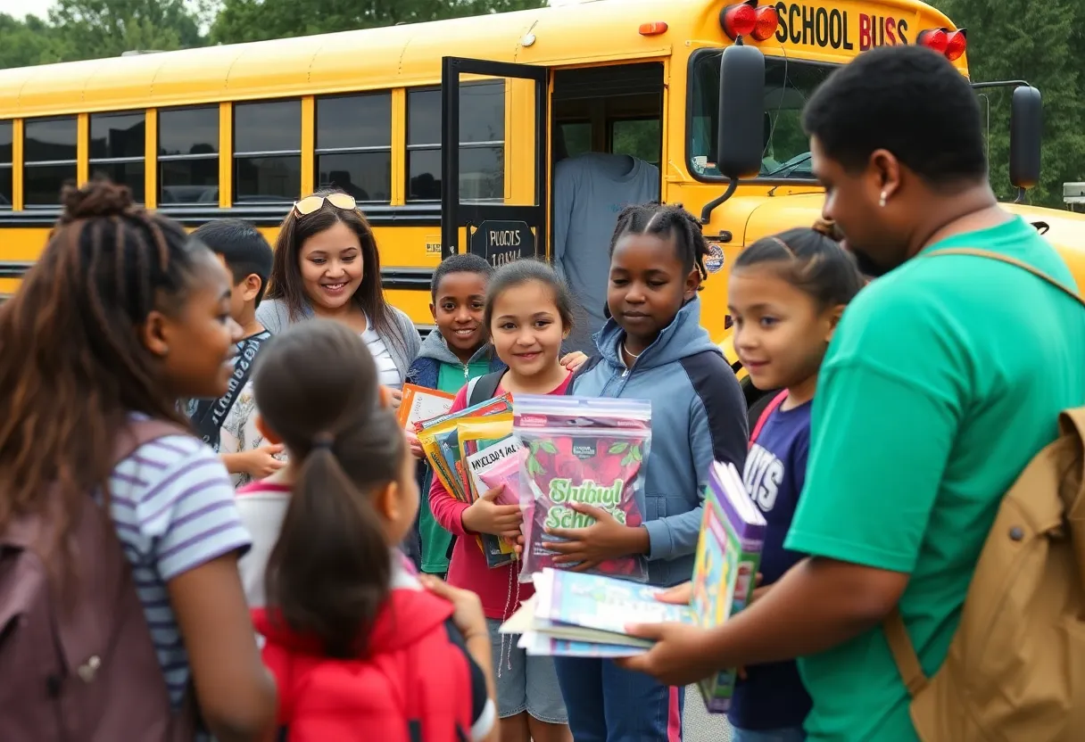 Local community event in Bowling Green showcasing students receiving school supplies.
