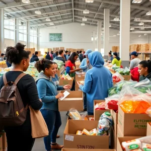 Food distribution hub in Bowling Green with volunteers.