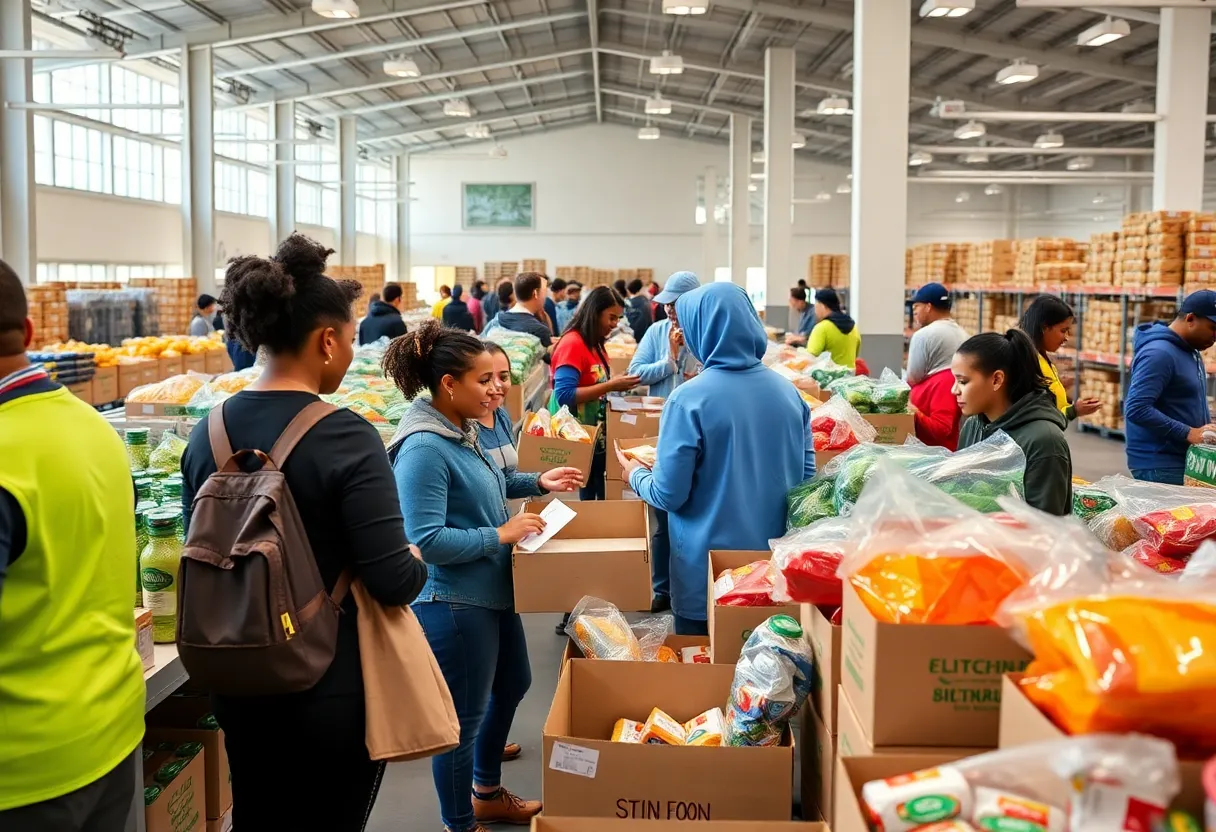 Food distribution hub in Bowling Green with volunteers.