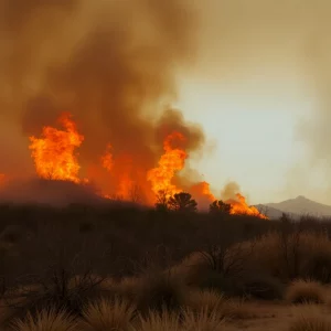 A wildfire burning in Southern California near Lake Piru.