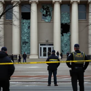 Police and damaged building at CDC headquarters after shooting incident