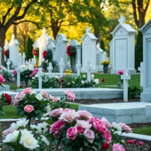 A peaceful cemetery with flowers representing remembrance.