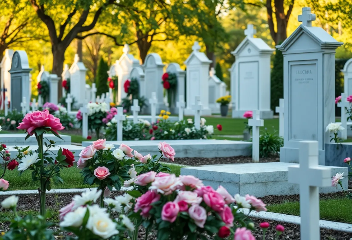 A peaceful cemetery with flowers representing remembrance.