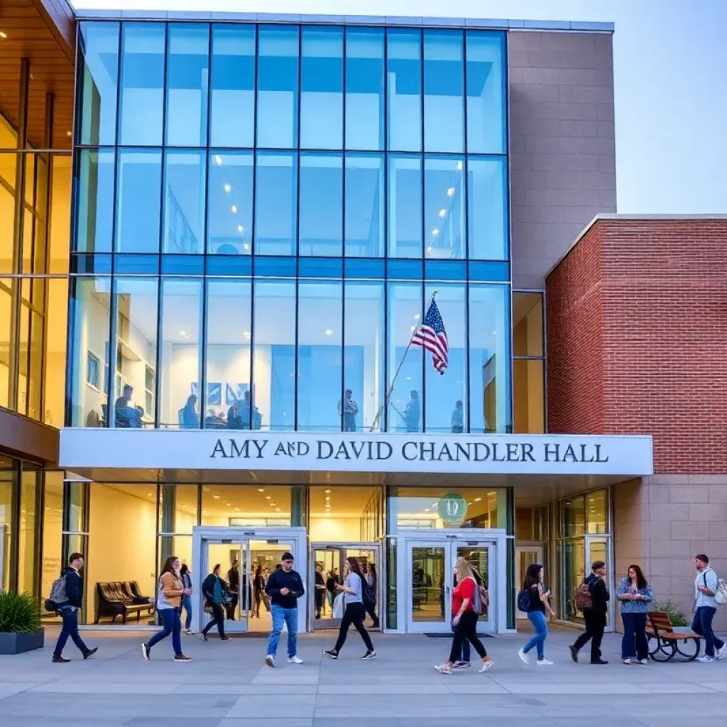 Modern Chandler Hall facade with students studying