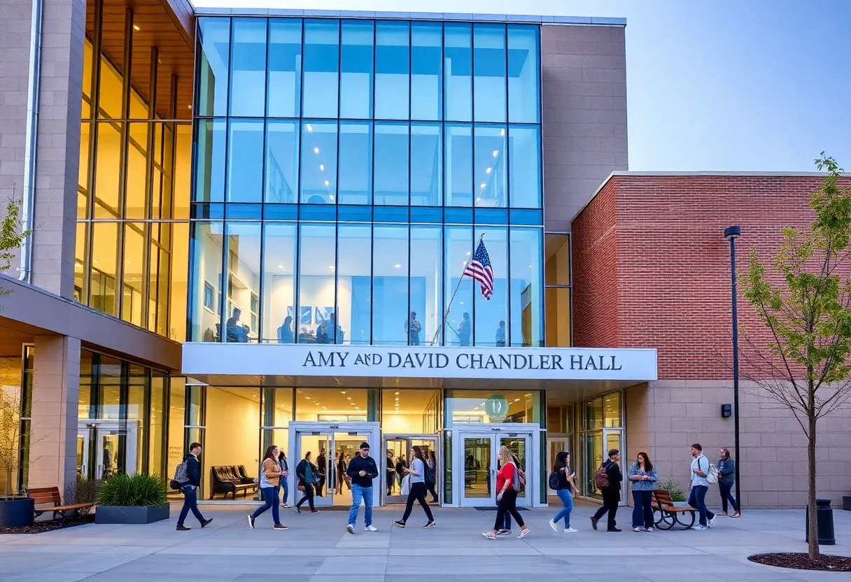Modern Chandler Hall facade with students studying