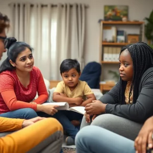 Community members discussing child safety and exploitation awareness.