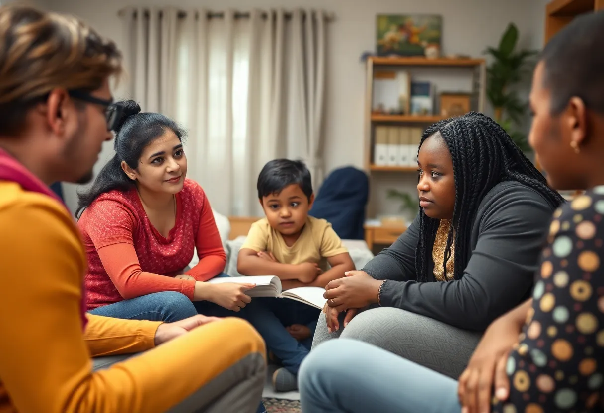 Community members discussing child safety and exploitation awareness.