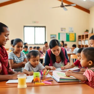 Families and children participating in educational activities at a community education center.
