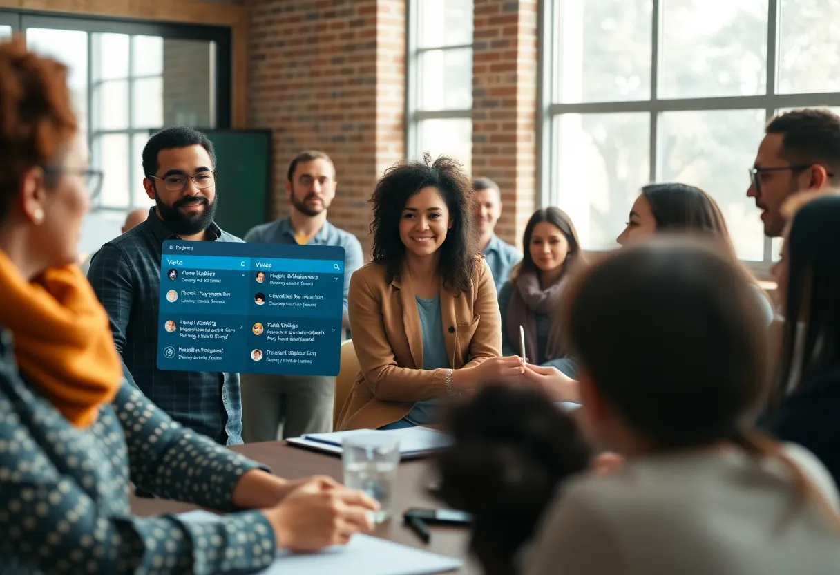 Citizens participating in a community discussion using an AI platform