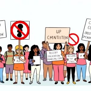 Illustration depicting a community rallying for child protection and safety