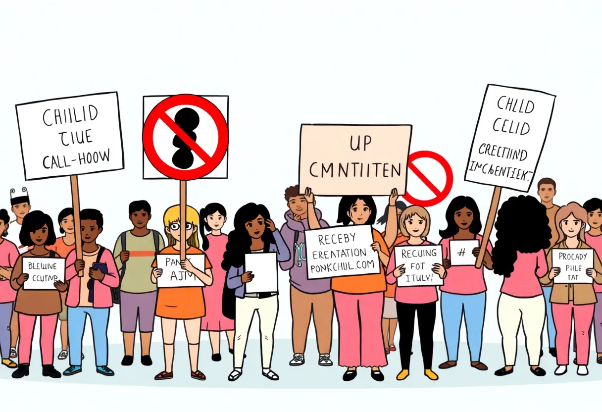 Illustration depicting a community rallying for child protection and safety
