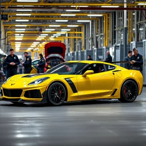 Corvette ZR1 parked at the assembly plant with law enforcement officers nearby.