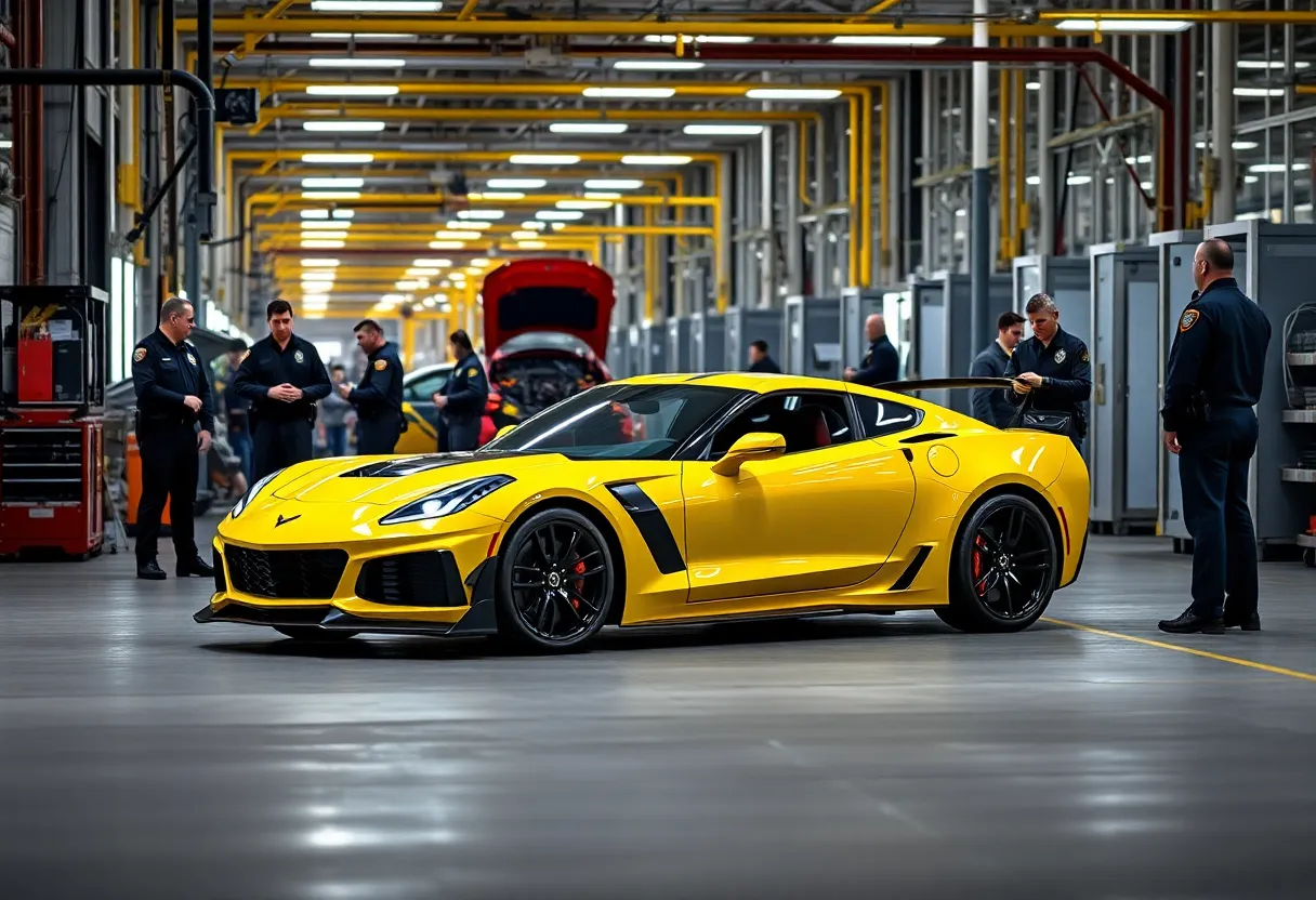 Corvette ZR1 parked at the assembly plant with law enforcement officers nearby.