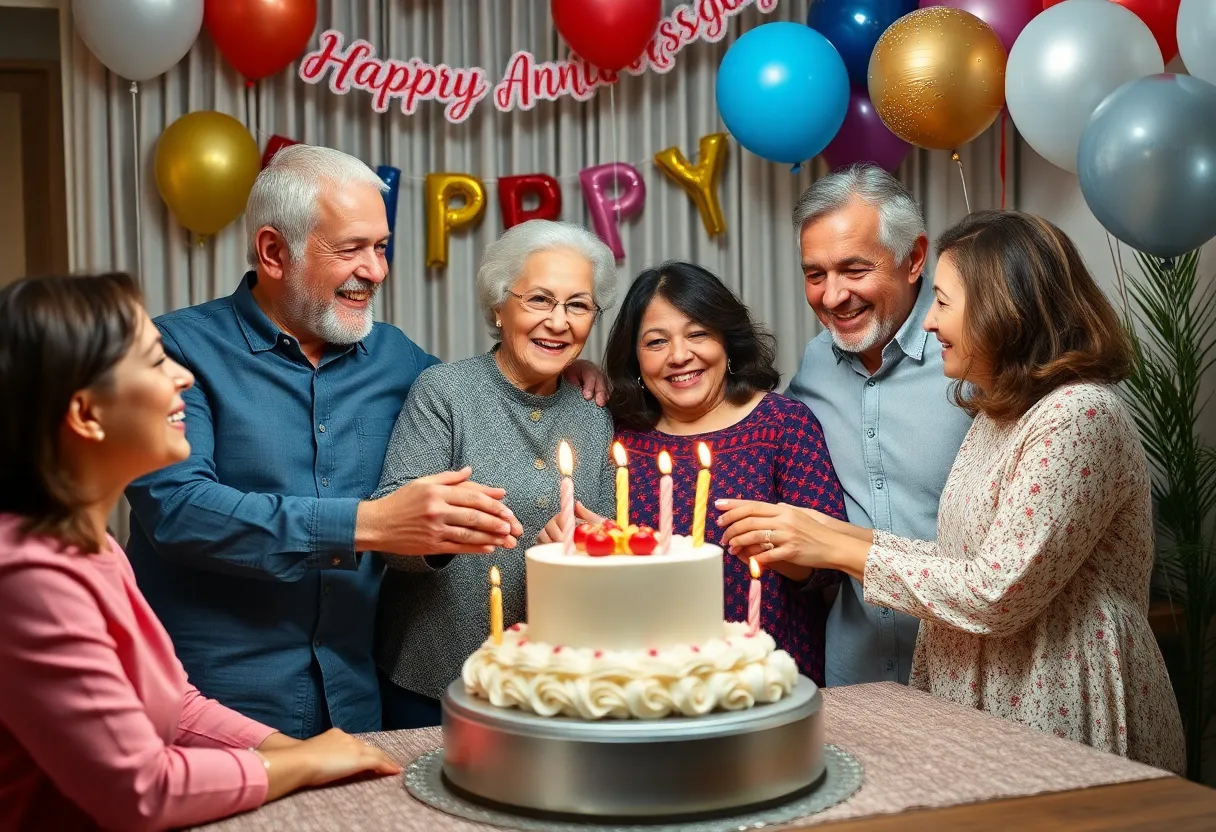 Family gathering celebrating 65th wedding anniversary with smiles and decorations