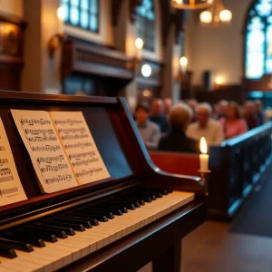 Community gathering in memory of Delores Iverson, featuring a piano.