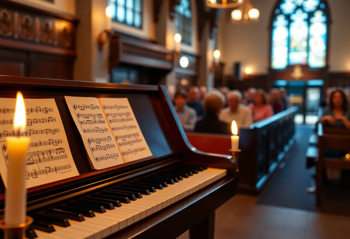 Community gathering in memory of Delores Iverson, featuring a piano.