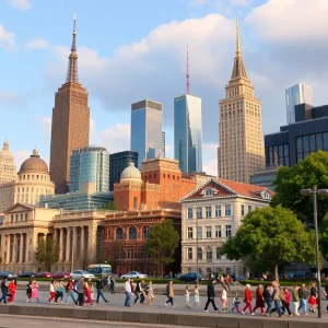 Illustration of city landmarks symbolizing sanctuary cities and immigration policies