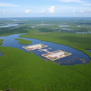 Aerial view of the Everglades Detention Center surrounded by wetlands
