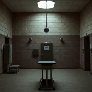 Interior of a prison execution chamber with dim lighting.