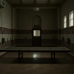 A somber execution chamber representing the controversy of the death penalty.