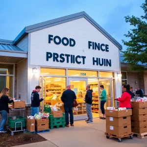 Exterior of the new Feeding America hub in Bowling Green with volunteers.