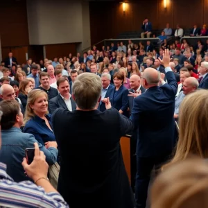A town hall meeting with a large audience engaged in a political discussion.