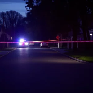 A tranquil residential street marked by police tape and emergency lights after a hit-and-run incident