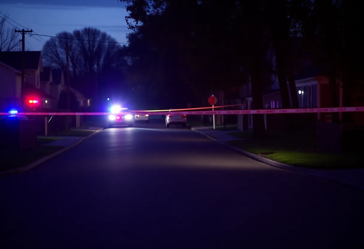 A tranquil residential street marked by police tape and emergency lights after a hit-and-run incident
