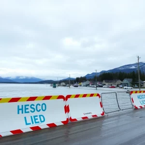 Flooded streets in Juneau, Alaska with Hesco barriers protecting homes