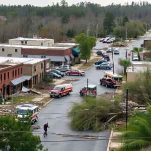 Destruction caused by tornadoes in Kentucky, showing emergency response efforts.