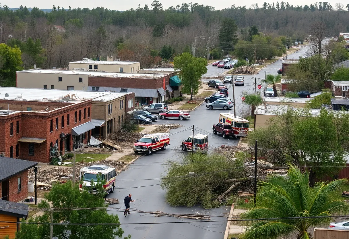 Destruction caused by tornadoes in Kentucky, showing emergency response efforts.