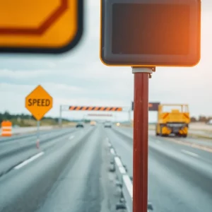Speed cameras in a construction work zone intended for safety enforcement.
