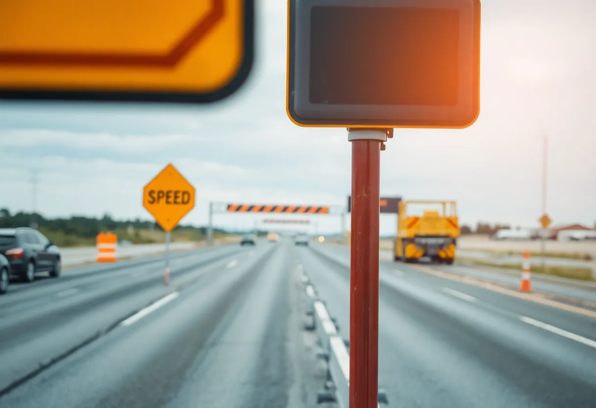 Speed cameras in a construction work zone intended for safety enforcement.