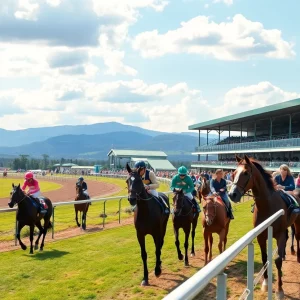 A horse racing at Kentucky Downs showcasing the vibrant atmosphere of the racetrack.
