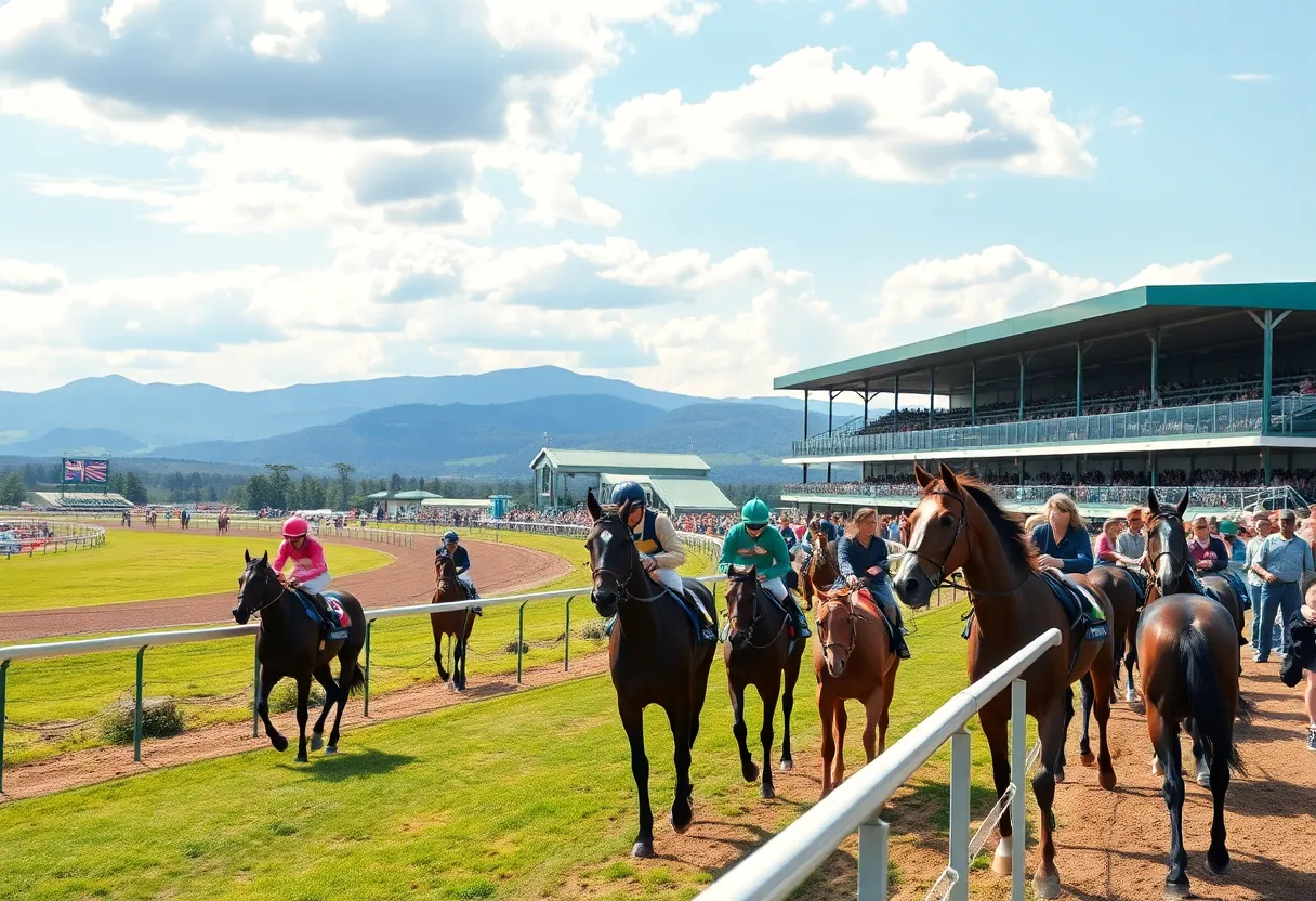 A horse racing at Kentucky Downs showcasing the vibrant atmosphere of the racetrack.