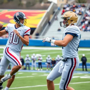 Action shot of college quarterbacks during a game.