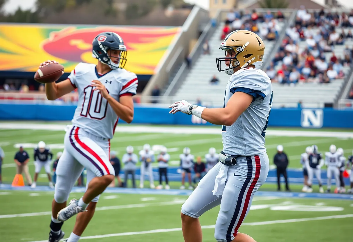 Action shot of college quarterbacks during a game.