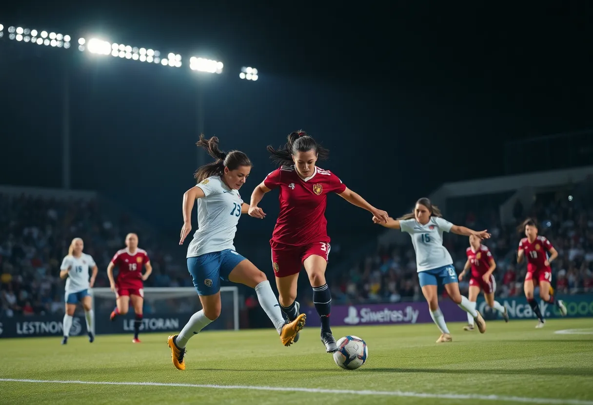 Action shot of women’s soccer players in a competitive match