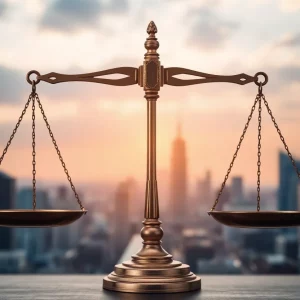 Representational image of justice scales in front of a city skyline.