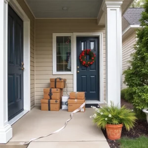 Porch in a suburban neighborhood with packages