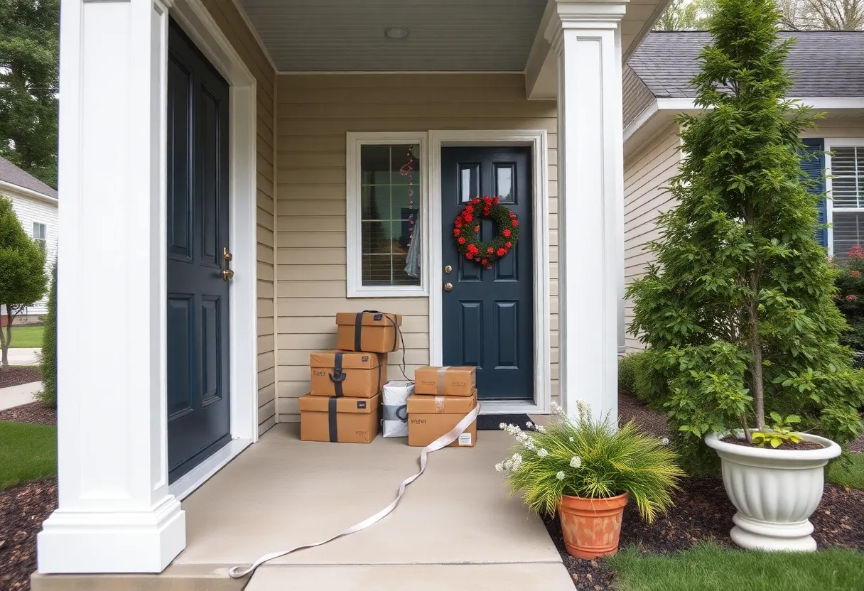 Porch in a suburban neighborhood with packages