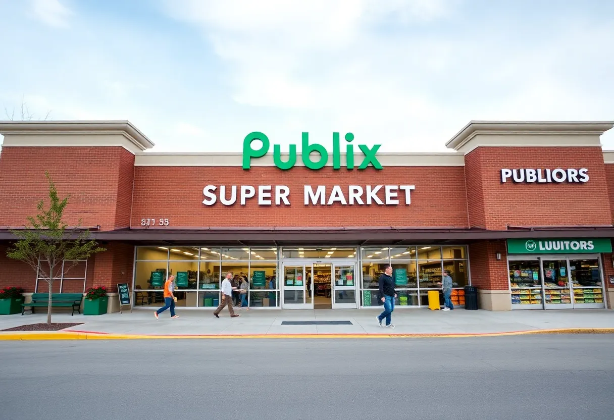 Exterior view of new Publix Super Market with shoppers