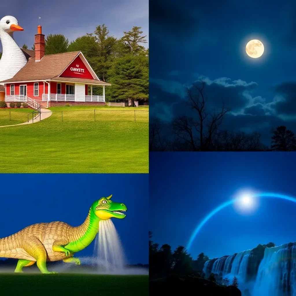 Collage of Kentucky's bizarre landmarks including a giant goose house, Corvette Museum, and Dinosaur World.