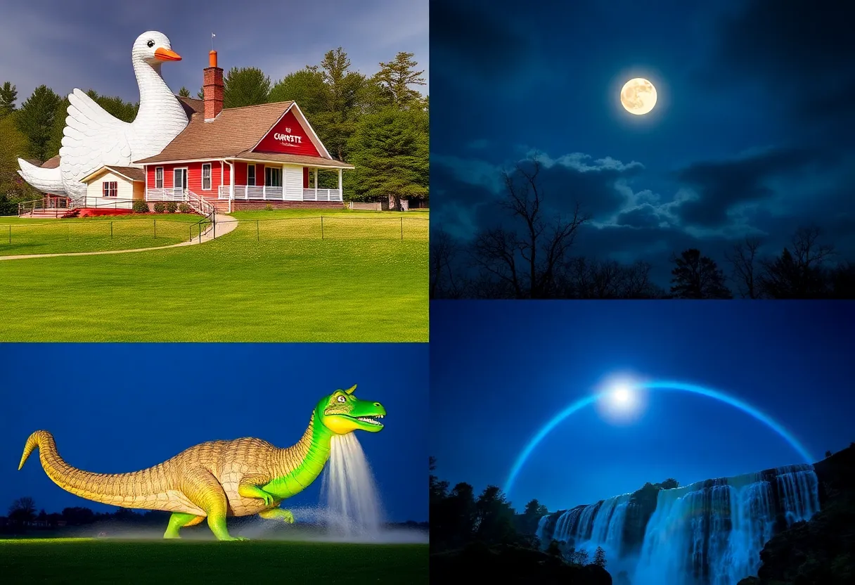 Collage of Kentucky's bizarre landmarks including a giant goose house, Corvette Museum, and Dinosaur World.